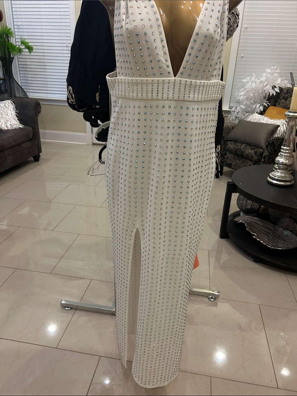 Ivory Studded Deep V Maxi Dress with Front Slit